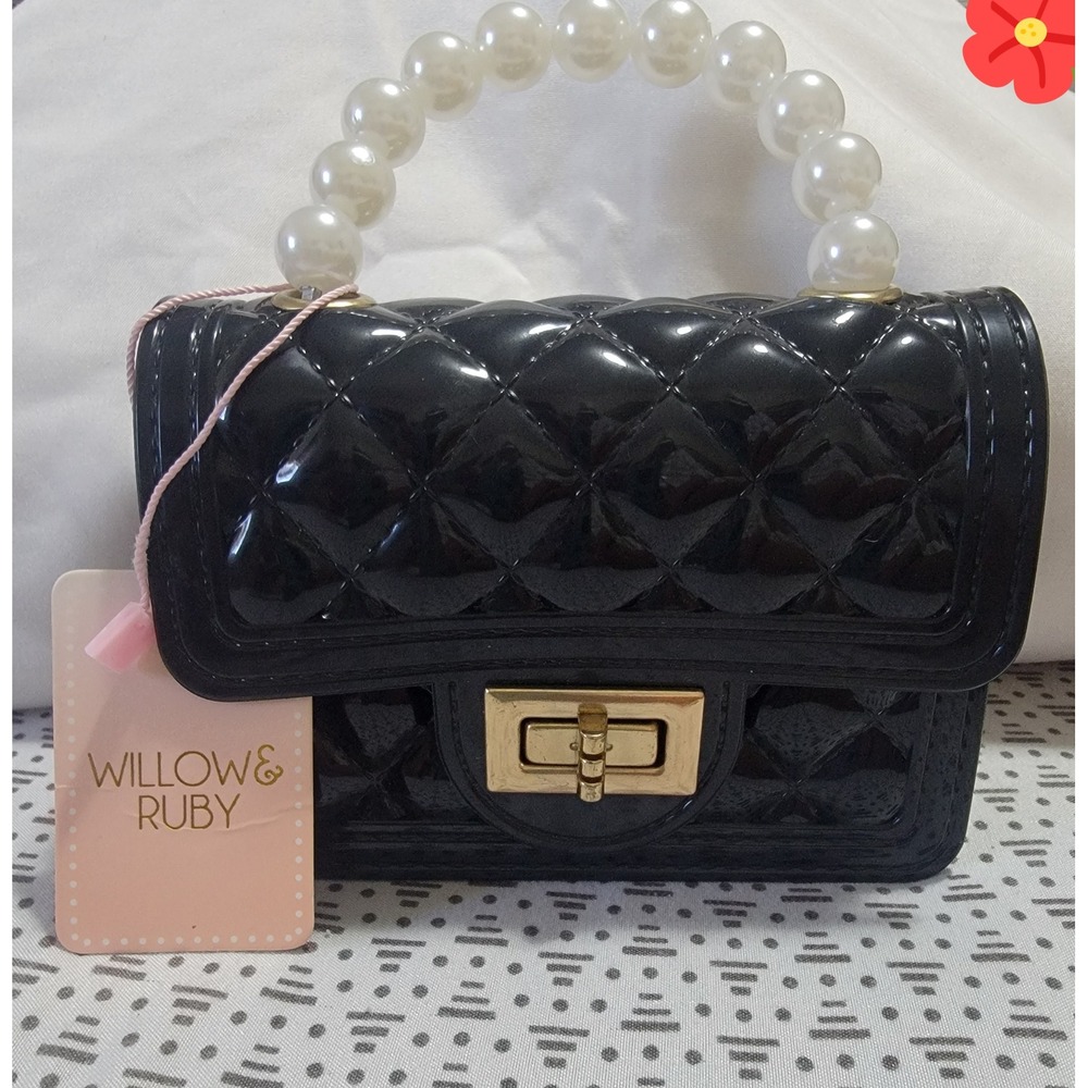 Willow & Ruby Black Quilted Jelly Mini‎ Bag with Faux Pearl Handle and Gold Lock
